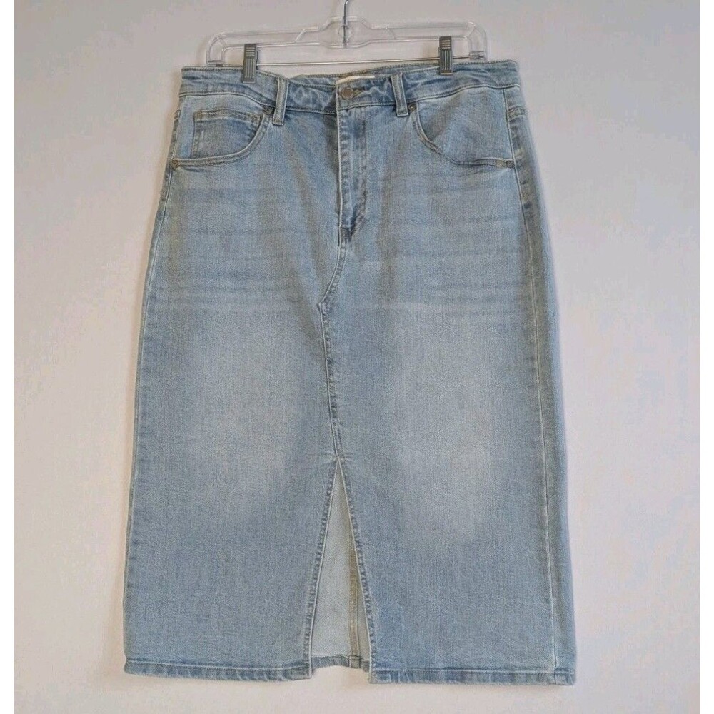 OAT New York Front Slit Midi Jean Skirt Sz 4 27 Light Blue Denim Womens Long